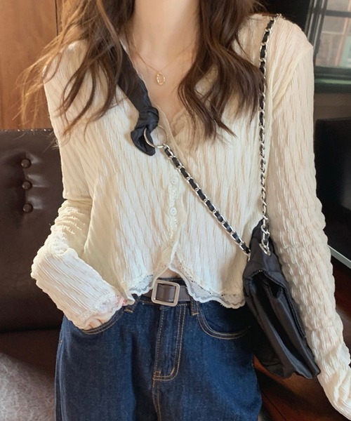 HALEY PESCA（ヘーリーペスカ）の「HALEY PESCA/レースレイヤード　ショートカーディガン（カーディガン/ボレロ・レディース・ピンク/アイボリー・SMALL/MEDIUM）」の10枚目の写真