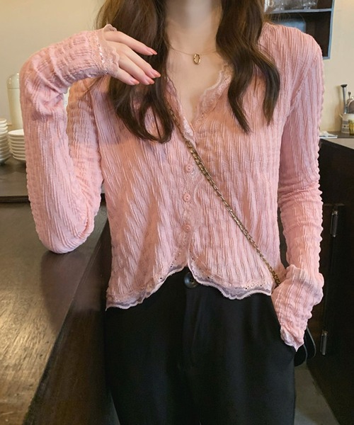 HALEY PESCA（ヘーリーペスカ）の「HALEY PESCA/レースレイヤード　ショートカーディガン（カーディガン/ボレロ・レディース・ピンク/アイボリー・SMALL/MEDIUM）」の13枚目の写真