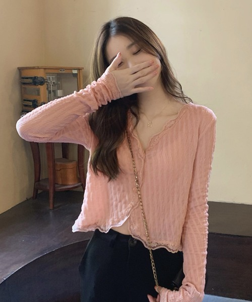 HALEY PESCA（ヘーリーペスカ）の「HALEY PESCA/レースレイヤード　ショートカーディガン（カーディガン/ボレロ・レディース・ピンク/アイボリー・SMALL/MEDIUM）」の14枚目の写真