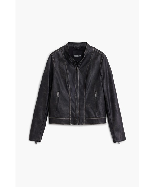 ヴィンテージ風 ステッチディテール レザー風ジャケット（ライダース