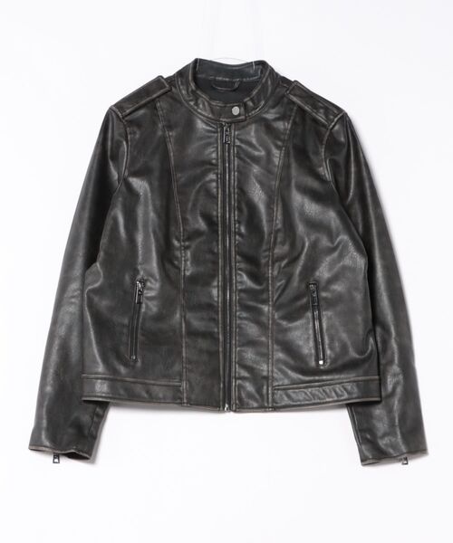 ヴィンテージ風 ステッチディテール レザー風ジャケット（ライダース