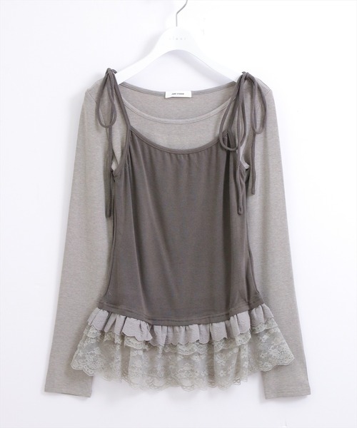 STAY MOTION（ステイモーション）の「【WEB限定】レイヤード風配色裾レースカットソートップス［韓国ファッション カジュアル］（Tシャツ/カットソー・レディース・アイボリー/グレー・F）」の12枚目の写真