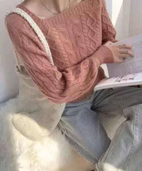 WESTSEA(ウエストシー)の「スクエアネック × バルーンスリーブ ケーブルニット ショート丈(ニット/セーター・レディース・ブラック/ピンク/オフホワイト・FREE)」の14枚目の写真