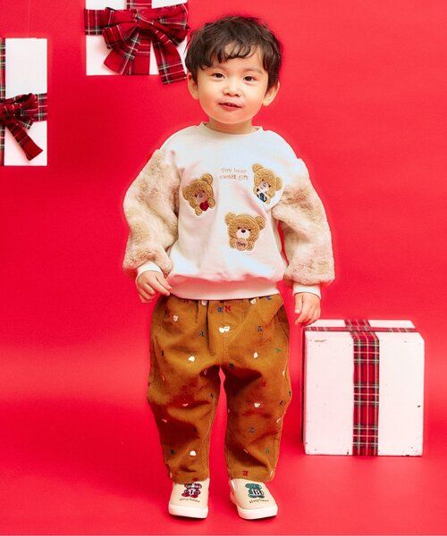 apres les cours（アプレレクール）の「tiny bear 袖ボアチェックトレーナー（スウェット・キッズ・アイボリー・110/100/90/80/120）」の2枚目の写真