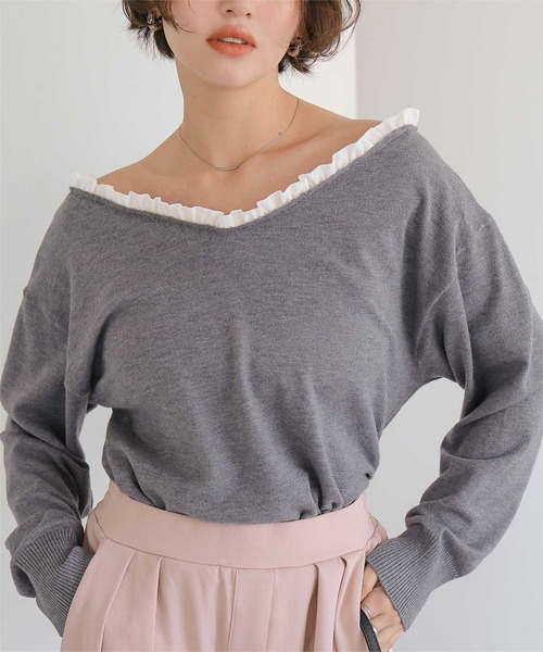 titivate(ティティベイト)の「異素材コンビオフショルダートップス(Tシャツ/カットソー・レディース・杢グレー/アイボリー/ブラック・FREE)」の3枚目の写真