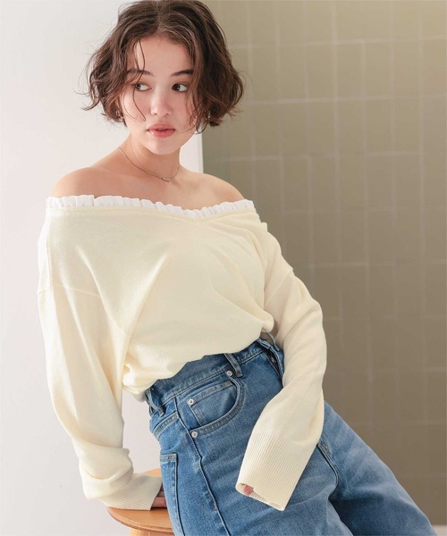 titivate(ティティベイト)の「異素材コンビオフショルダートップス(Tシャツ/カットソー・レディース・杢グレー/アイボリー/ブラック・FREE)」の6枚目の写真