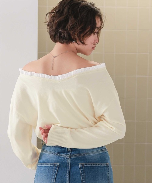 titivate(ティティベイト)の「異素材コンビオフショルダートップス(Tシャツ/カットソー・レディース・杢グレー/アイボリー/ブラック・FREE)」の8枚目の写真