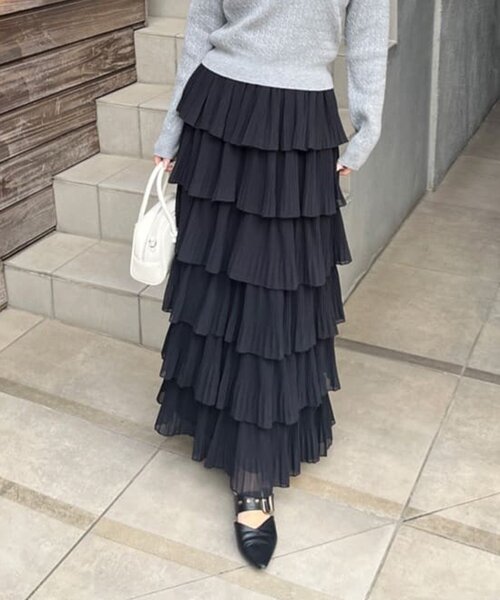 Remind me and forever（リマインドミーアンドフォーエバー）の「【2026SS】シフォンプリーツティアードスカート（スカート・レディース・ブラック/アイボリー/グレー・FREE）」の3枚目の写真