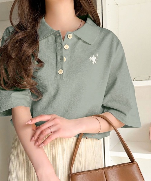 classicalelf（クラシカルエルフ）の「さらっと涼しい大人ポロ。大人のきれい見え◎イージーケアワンポイント胸刺繍ポロ衿プルオーバー（半袖）（ポロシャツ・レディース・オフホワイト/ブラック/アイボリー/ブラウン/グリーン・LARGE/MEDIUM/SMALL/X-LARGE）」の22枚目の写真