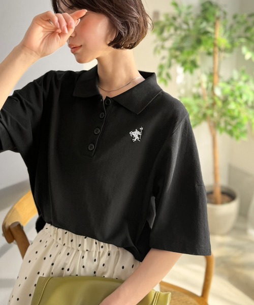 classicalelf（クラシカルエルフ）の「さらっと涼しい大人ポロ。大人のきれい見え◎イージーケアワンポイント胸刺繍ポロ衿プルオーバー（半袖）（ポロシャツ・レディース・オフホワイト/ブラック/アイボリー/ブラウン/グリーン・LARGE/MEDIUM/SMALL/X-LARGE）」の6枚目の写真