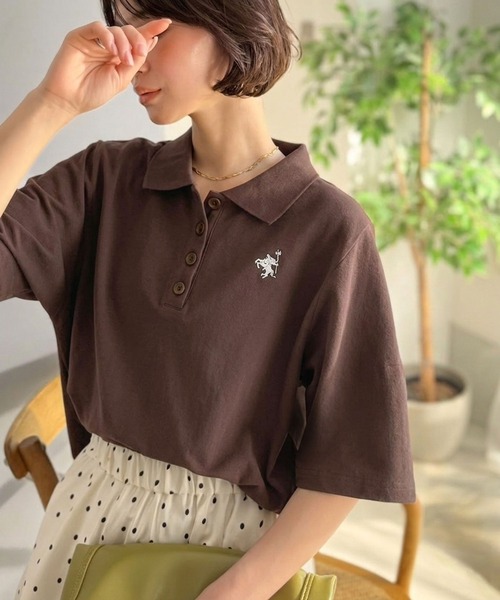classicalelf（クラシカルエルフ）の「さらっと涼しい大人ポロ。大人のきれい見え◎イージーケアワンポイント胸刺繍ポロ衿プルオーバー（半袖）（ポロシャツ・レディース・オフホワイト/ブラック/アイボリー/ブラウン/グリーン・LARGE/MEDIUM/SMALL/X-LARGE）」の7枚目の写真