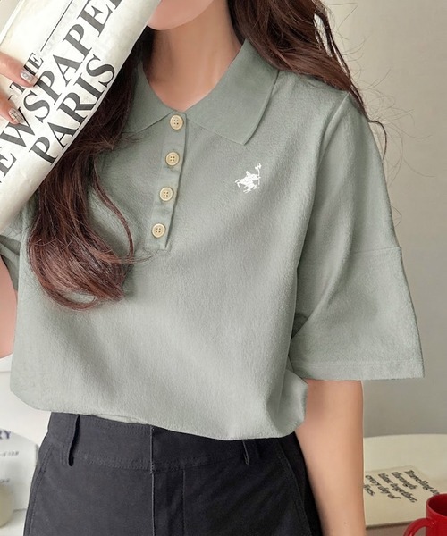 classicalelf（クラシカルエルフ）の「さらっと涼しい大人ポロ。大人のきれい見え◎イージーケアワンポイント胸刺繍ポロ衿プルオーバー（半袖）（ポロシャツ・レディース・オフホワイト/ブラック/アイボリー/ブラウン/グリーン・LARGE/MEDIUM/SMALL/X-LARGE）」の14枚目の写真
