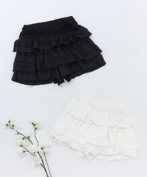 apres les cours（アプレレクール）の「フリルティアードスカパン（その他パンツ・キッズ・ブラック/オフホワイト・100/130/120/110/90/80）」の7枚目の写真