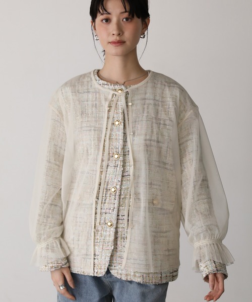 shetila(シェティラ)の「チュールレイヤードツィードジャケット 【2点SET】(ノーカラージャケット・レディース・ブラック/ホワイト系その他/ホワイト系その他2・M)」の2枚目の写真