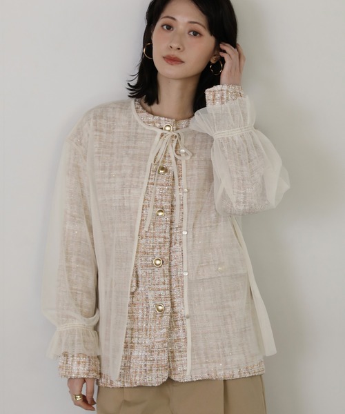 shetila(シェティラ)の「チュールレイヤードツィードジャケット 【2点SET】(ノーカラージャケット・レディース・ブラック/ホワイト系その他/ホワイト系その他2・M)」の3枚目の写真