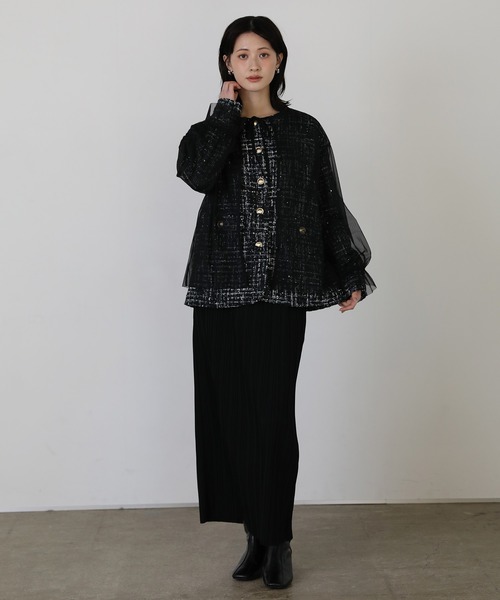 shetila(シェティラ)の「チュールレイヤードツィードジャケット 【2点SET】(ノーカラージャケット・レディース・ブラック/ホワイト系その他/ホワイト系その他2・M)」の4枚目の写真