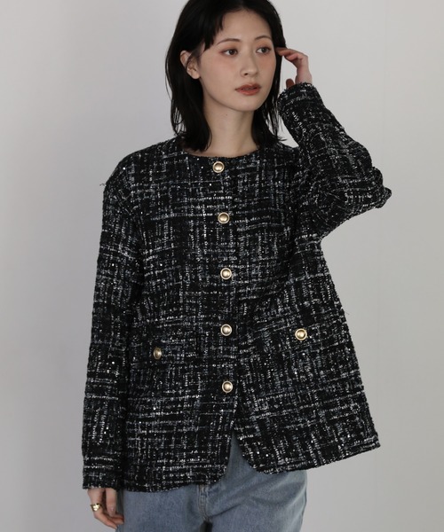 shetila(シェティラ)の「チュールレイヤードツィードジャケット 【2点SET】(ノーカラージャケット・レディース・ブラック/ホワイト系その他/ホワイト系その他2・M)」の7枚目の写真