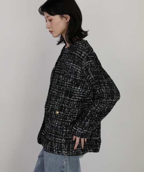 shetila(シェティラ)の「チュールレイヤードツィードジャケット 【2点SET】(ノーカラージャケット・レディース・ブラック/ホワイト系その他/ホワイト系その他2・M)」の8枚目の写真