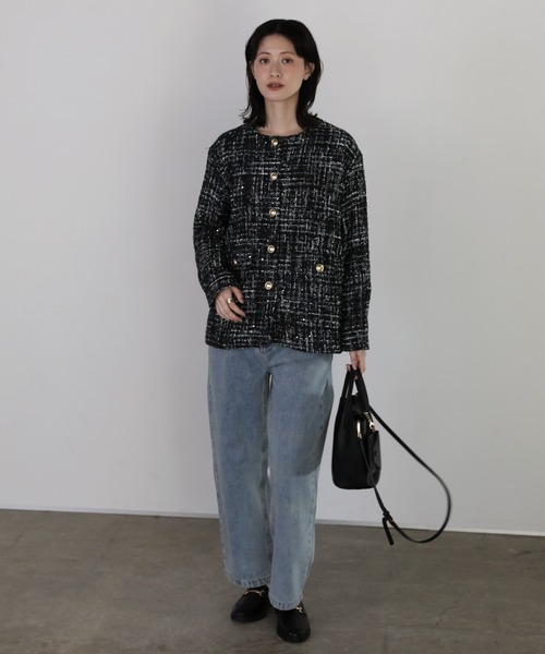 shetila(シェティラ)の「チュールレイヤードツィードジャケット 【2点SET】(ノーカラージャケット・レディース・ブラック/ホワイト系その他/ホワイト系その他2・M)」の11枚目の写真