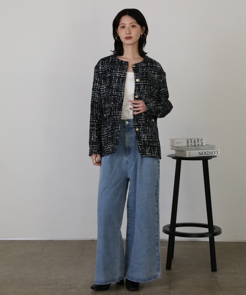 shetila(シェティラ)の「チュールレイヤードツィードジャケット 【2点SET】(ノーカラージャケット・レディース・ブラック/ホワイト系その他/ホワイト系その他2・M)」の14枚目の写真