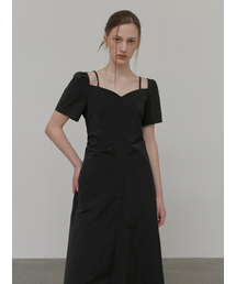 Heart Strap Shirring Dress, Black