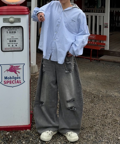 Theater code(シアターコード)の「Theater code × 6hourssleep ヴィンテージダメージワイドレッグ デニムパンツ(デニムパンツ・メンズ・グレー・M/L)」の17枚目の写真