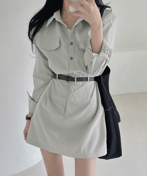 ONEP STAR（ワンピスター）の「シャツデザインミニワンピース（シャツワンピース・レディース・グレイッシュベージュ/ブラック/ライトグレー・FREE）」の2枚目の写真