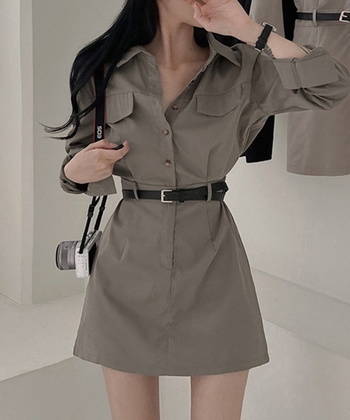 ONEP STAR（ワンピスター）の「シャツデザインミニワンピース（シャツワンピース・レディース・グレイッシュベージュ/ブラック/ライトグレー・FREE）」の4枚目の写真