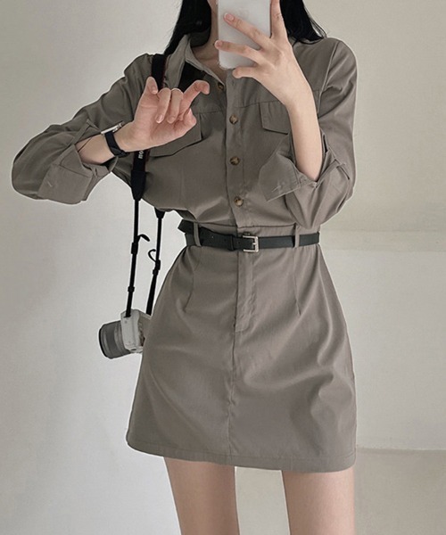 ONEP STAR（ワンピスター）の「シャツデザインミニワンピース（シャツワンピース・レディース・グレイッシュベージュ/ブラック/ライトグレー・FREE）」の5枚目の写真