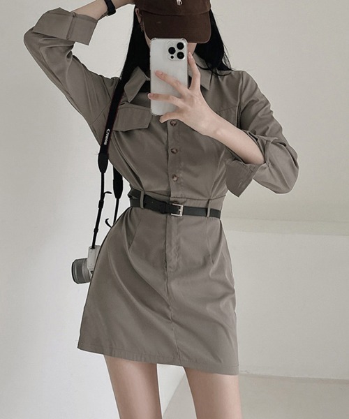 ONEP STAR（ワンピスター）の「シャツデザインミニワンピース（シャツワンピース・レディース・グレイッシュベージュ/ブラック/ライトグレー・FREE）」の7枚目の写真