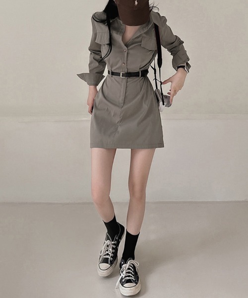 ONEP STAR（ワンピスター）の「シャツデザインミニワンピース（シャツワンピース・レディース・グレイッシュベージュ/ブラック/ライトグレー・FREE）」の8枚目の写真