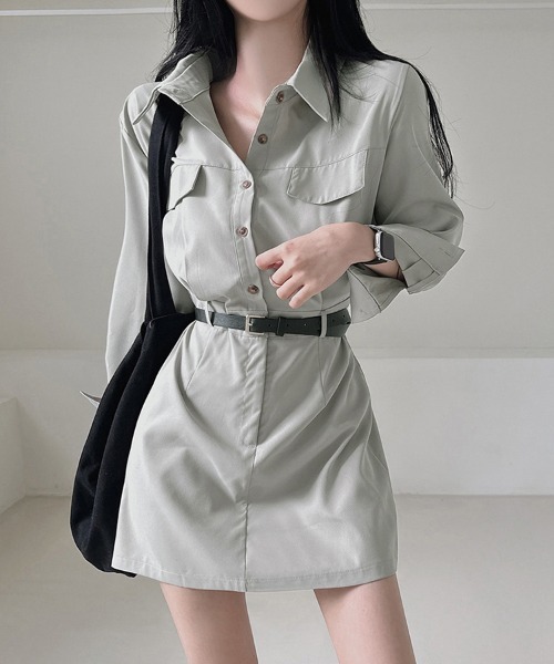 ONEP STAR（ワンピスター）の「シャツデザインミニワンピース（シャツワンピース・レディース・グレイッシュベージュ/ブラック/ライトグレー・FREE）」の9枚目の写真