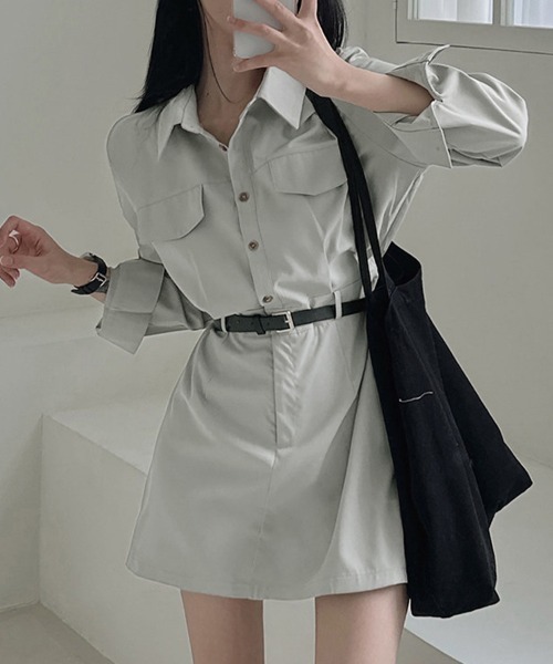 ONEP STAR（ワンピスター）の「シャツデザインミニワンピース（シャツワンピース・レディース・グレイッシュベージュ/ブラック/ライトグレー・FREE）」の11枚目の写真