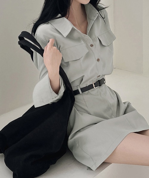 ONEP STAR（ワンピスター）の「シャツデザインミニワンピース（シャツワンピース・レディース・グレイッシュベージュ/ブラック/ライトグレー・FREE）」の12枚目の写真