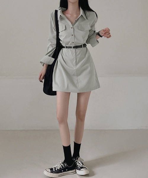 ONEP STAR（ワンピスター）の「シャツデザインミニワンピース（シャツワンピース・レディース・グレイッシュベージュ/ブラック/ライトグレー・FREE）」の13枚目の写真