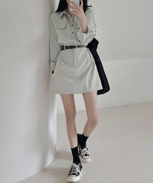 ONEP STAR（ワンピスター）の「シャツデザインミニワンピース（シャツワンピース・レディース・グレイッシュベージュ/ブラック/ライトグレー・FREE）」の14枚目の写真