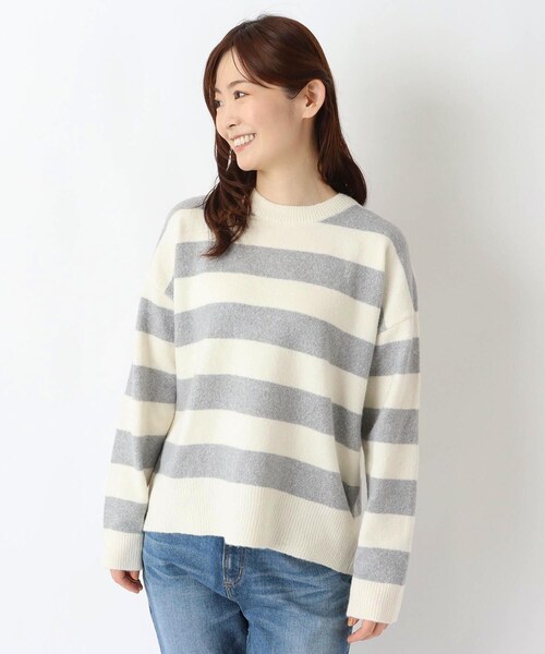 one'sterrace(ワンズテラス)の「クルーネック長袖ボーダーニットプルオーバー(ニット/セーター・レディース・ダークブラウン系8/ネイビー系5/ブラック系8/グレー系4・02)」の2枚目の写真