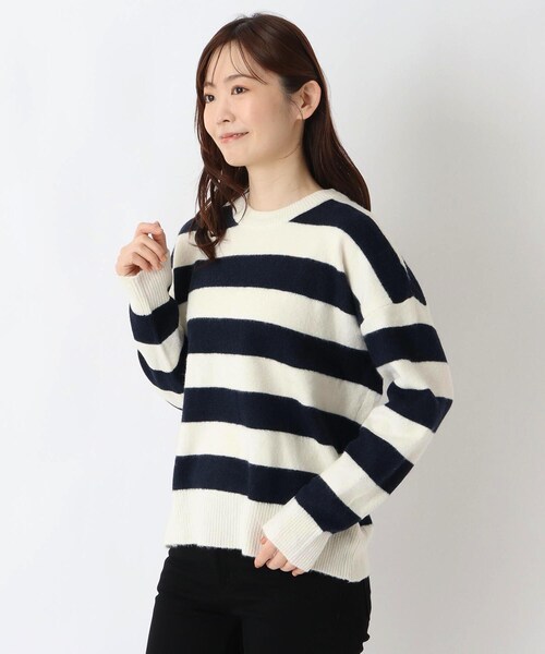 one'sterrace(ワンズテラス)の「クルーネック長袖ボーダーニットプルオーバー(ニット/セーター・レディース・ダークブラウン系8/ネイビー系5/ブラック系8/グレー系4・02)」の4枚目の写真