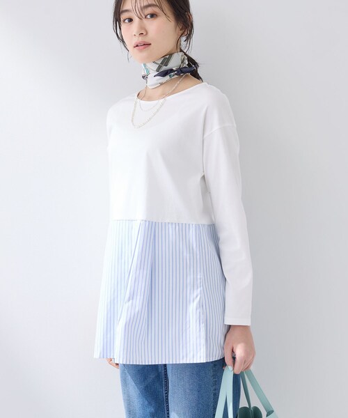 INDIVI(インディヴィ)の「【レイヤードにおすすめ】切り替えデザイントップス(Tシャツ/カットソー・レディース・ホワイト系3/ブルー系7・38/13/05)」の2枚目の写真