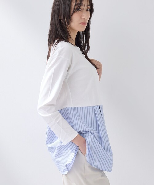 INDIVI(インディヴィ)の「【レイヤードにおすすめ】切り替えデザイントップス(Tシャツ/カットソー・レディース・ホワイト系3/ブルー系7・38/13/05)」の4枚目の写真