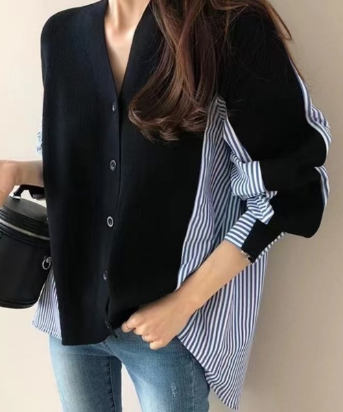 Ritzy(リッツィー)の「レイヤード風ストライプドッキングカーディガン(ニット/セーター・レディース・ブラック/杢グレー・FREE)」の2枚目の写真