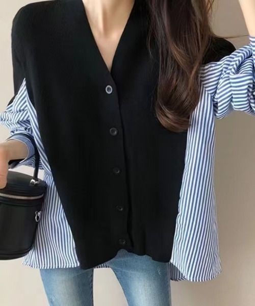 Ritzy(リッツィー)の「レイヤード風ストライプドッキングカーディガン(ニット/セーター・レディース・ブラック/杢グレー・FREE)」の4枚目の写真