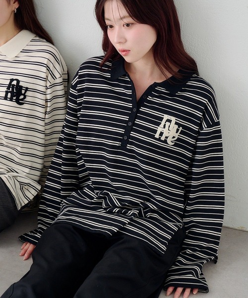 Kastane（カスタネ）の「サガラボーダーポロ（ポロシャツ・レディース・ブラック/サックスブルー/アイボリー/ピンク・FREE）」の3枚目の写真