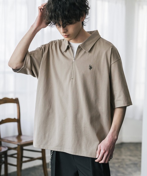 U.S. POLO ASSN.（ユーエスポロアッスン）の「新色追加 U.S. POLO ASSN. 別注コラボオーバーサイズワンポイントロゴ刺繍天竺半袖ハーフジップポロシャツ 無地/クレリック（ポロシャツ・メンズ・ブラック×ホワイト/グリーン/ブラウン/ホワイト/ホワイト×ブラック/チャコール/ネイビー/ベージュ/ブラック/ワイン・XL/M/L）」の7枚目の写真
