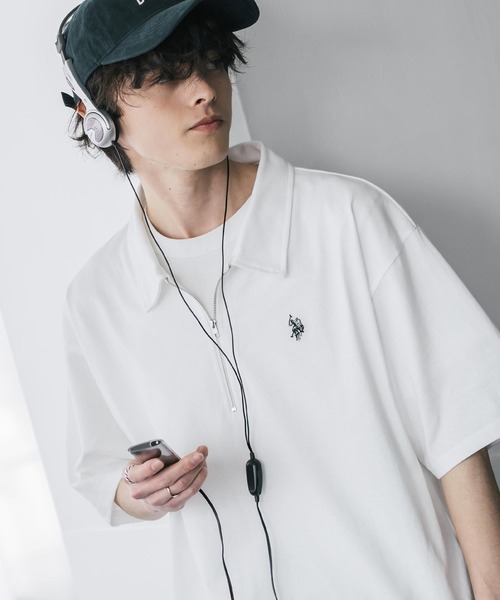 U.S. POLO ASSN.（ユーエスポロアッスン）の「新色追加 U.S. POLO ASSN. 別注コラボオーバーサイズワンポイントロゴ刺繍天竺半袖ハーフジップポロシャツ 無地/クレリック（ポロシャツ・メンズ・ブラック×ホワイト/グリーン/ブラウン/ホワイト/ホワイト×ブラック/チャコール/ネイビー/ベージュ/ブラック/ワイン・XL/M/L）」の2枚目の写真