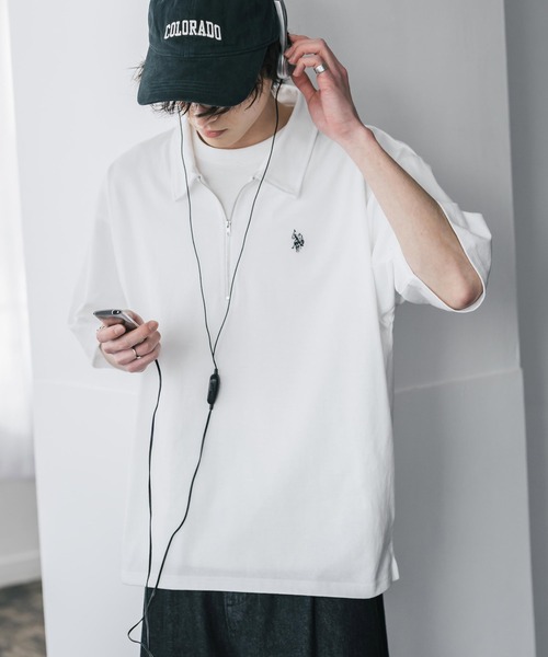 U.S. POLO ASSN.（ユーエスポロアッスン）の「新色追加 U.S. POLO ASSN. 別注コラボオーバーサイズワンポイントロゴ刺繍天竺半袖ハーフジップポロシャツ 無地/クレリック（ポロシャツ・メンズ・ブラック×ホワイト/グリーン/ブラウン/ホワイト/ホワイト×ブラック/チャコール/ネイビー/ベージュ/ブラック/ワイン・XL/M/L）」の11枚目の写真