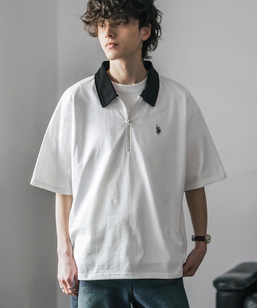 U.S. POLO ASSN.（ユーエスポロアッスン）の「新色追加 U.S. POLO ASSN. 別注コラボオーバーサイズワンポイントロゴ刺繍天竺半袖ハーフジップポロシャツ 無地/クレリック（ポロシャツ・メンズ・ブラック×ホワイト/グリーン/ブラウン/ホワイト/ホワイト×ブラック/チャコール/ネイビー/ベージュ/ブラック/ワイン・XL/M/L）」の17枚目の写真