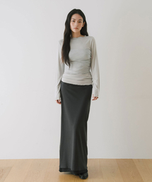 DOUBLE LAYERED SHIRRING MAXI SKIRT, CHARCOAL