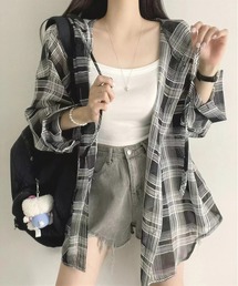 オーバーサイズチェック柄シアーシャツパーカー/冷房対策