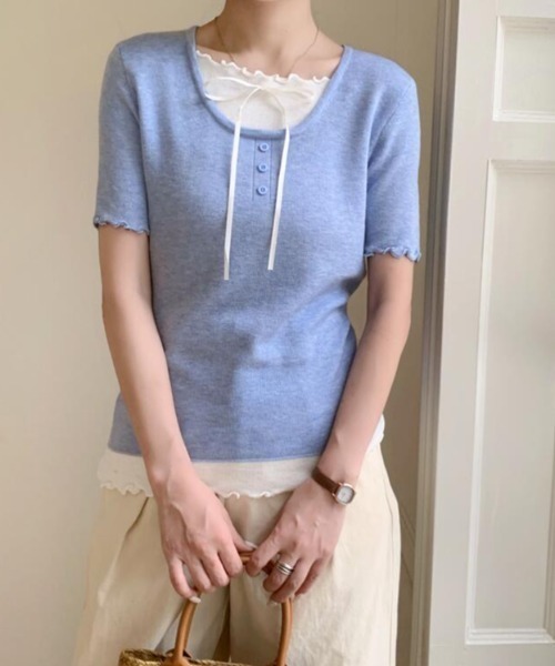 semplice(センプリチェ)の「フリル レイヤード リボン ニットトップス(Tシャツ/カットソー・レディース・ホワイト/ベージュ/パープル/ブルー/ブラック・F)」の16枚目の写真